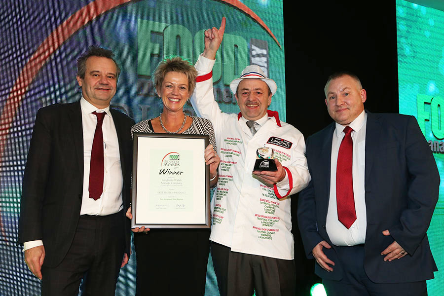 BEST FROZEN PRODUCT - JD Wetherspoon Lincolnshire Sausage - Langford's Welsh Sausage Co<br>Mark Hix, Christine Gethin and John Langford of Langford's Welsh Sausage Company with category partner Pete Dutton of Munters Ltd.