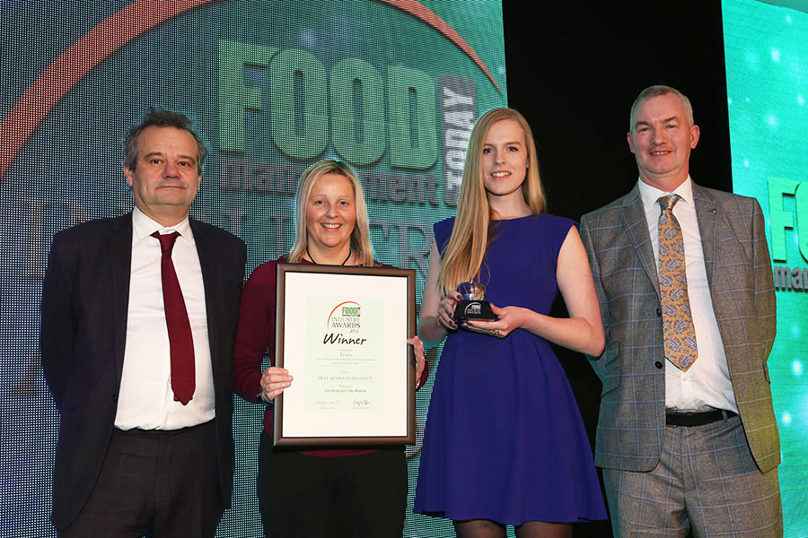 BEST SEAFOOD PRODUCT - Tesco Finest Beetroot Infused Scottish Smoked Salmon with Horseradish Cream - Farne Salmon & Trout<br>Mark Hix, Alison Law of Farne Salmon & Trout and Anna Knutsen of Tesco with category partner Rod Benham of Dawsonrentals.