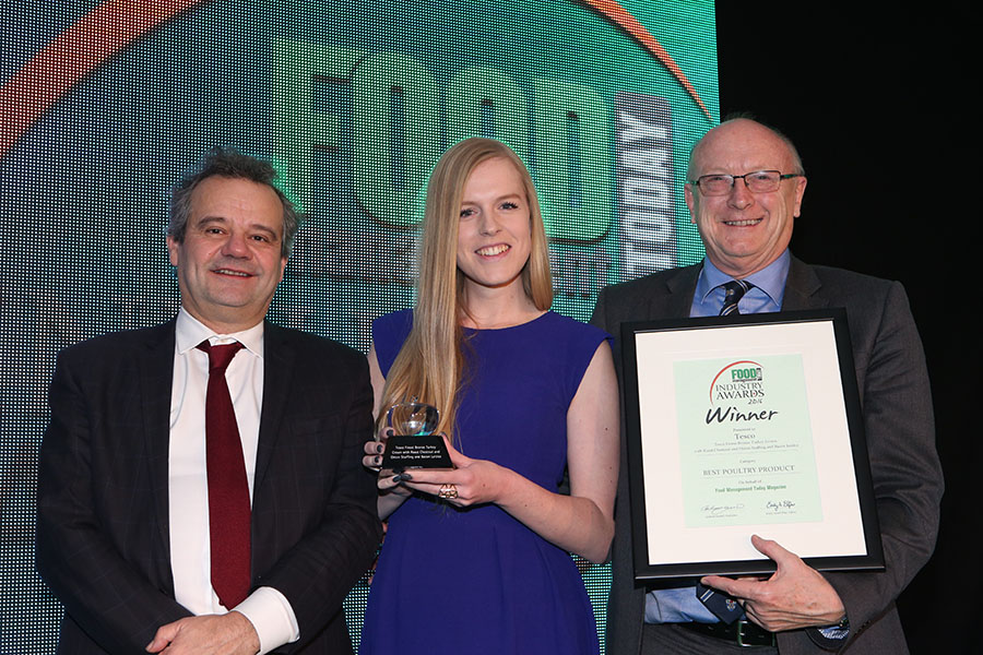 BEST POULTRY PRODUCT - Tesco Finest Bronze Turkey Crown with Roast Chestnut and Onion Stuffing and Bacon Lattice - Bernard Matthews<br>Mark Hix, Anna Knutsen of Tesco with category partner Ian Mackway of RAPS UK Ltd.