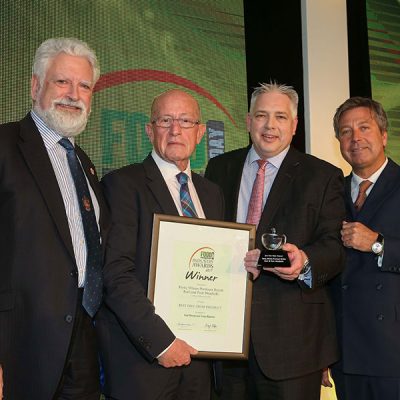 BEST FREE FROM PRODUCT: Porky Whites Premium British Beef and Pork Meatballs – Graham White & Co Ltd<br>L-R: Category partner Bill Jermey of ftc with award winners Graham White and Chris Price of Graham White & Co, and chef John Torode. 