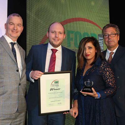 BEST SEAFOOD PRODUCT: SPAR Breaded Cod Goujons – Whitby Seafoods<br>L-R: Category partner Rod Benham of Dawson Rentals with award winners Matt Spivey of Whitby Seafoods and Amrit Rebello of SPAR, and chef John Torode.