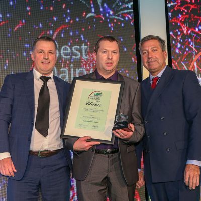 BEST DAIRY PRODUCT: Vintage Cheddar with Leeks - South Caernarfon Creameries L-R: Category partner David Curzon of Bizerba UK Ltd, award winner Shon Jones of South Caernarfon Creameries and chef John Torode.