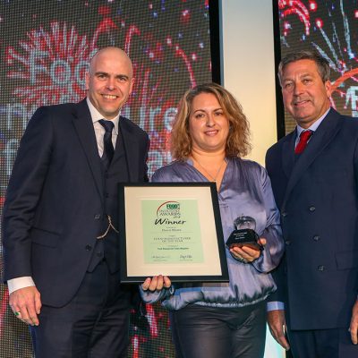 FOOD MANUFACTURER OF THE YEAR: Dawn Meats L-R: Category partner Graeme Rolinson of Marel, award winner Michelle White of Dawn Meats and chef John Torode.