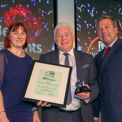 BEST INGREDIENTS SUPPLIER: Kerry – The Taste & Nutrition Company L-R: Category partner Dr. Annette Creedon of Harper Adams University, award winner Philip O’Connor of Kerry – The Taste & Nutrition Company and chef John Torode.