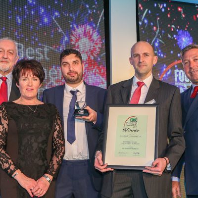 BEST MACHINERY/EQUIPMENT SUPPLIER: Interfood Technology Ltd L-R: Category partner Rob Smith of Danish Agriculture and Food Council, award winners Mary Cannon, Lee Payne and Richard Fogg of Interfood Technology Ltd and chef John Torode.