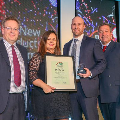 BEST NEW PRODUCT DEVELOPMENT: Men's Health Kitchen Lean Pork Sausages - ABP WA Turner L-R: Category partner Tom Worth of Teknomek, award winners Jane Shackleton of Men's Health Magazine and Geoff Mason of ABP WA Turner and chef John Torode.