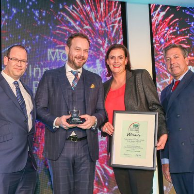 MOST INNOVATIVE PACKAGING DEVELOPMENT: Porky Lights Lower Fat Chuck Steak Burgers 6 stack - Graham White & Co L-R: Category partner Ben Edney of Protolan, award winners Laurie Griffiths and Francesca Wyatt of Graham White & Co and chef John Torode.