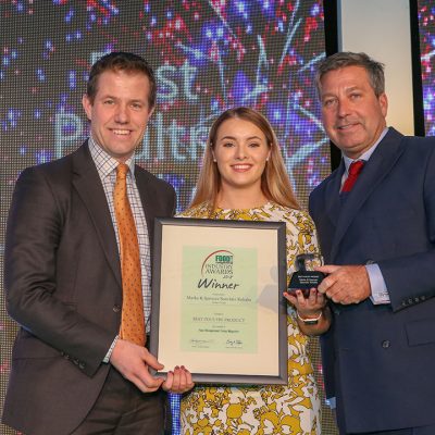 BEST POULTRY PRODUCT: Marks & Spencer Souvlaki Kebabs – Linden Foods L-R: Category partner James Smith of Kalsec Europe, award winner Claire Marshall of Linden Foods and chef John Torode.