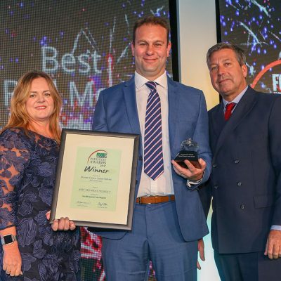 BEST RED MEAT PRODUCT: Dorset Crown Lamb Sirloin – ABP Yetminster L-R: Category partner Michele Van Der Walt of Kerry– The Taste & Nutrition Company with award winner Mark Eastwood of ABP Yetminster and chef John Torode.