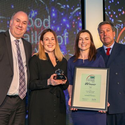 FOOD RETAILER OF THE YEAR: Aldi L-R: Category partner Nick Wide of JDM Food Group, award winners Beth Rawstron and Mary Dunn of Aldi and chef John Torode.