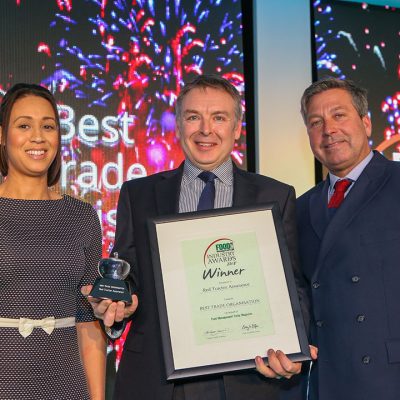 BEST TRADE ORGANISATON: Red Tractor Assurance L-R: Category partner Michelle Ingerfield of Meatup, award winner Jonothan Draper of Red Tractor Assurance and chef John Torode.