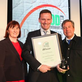 Best Ingredients Supplier Award, Winner: Kerry - L-R: Category partner Dr. Annette Creedon of Harper Adams University, award winner Ian Cullen of Kerry, and host John Torode.