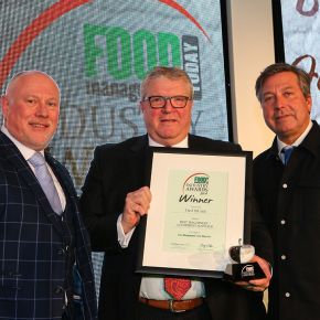 Best Machinery/Equipment Supplier Award, Winner: Treif UK Ltd - L-R: Category partner John Teasdale of BST Detectable Products, award winner Arthur Pynenburg of Treif UK Ltd and host John Torode.