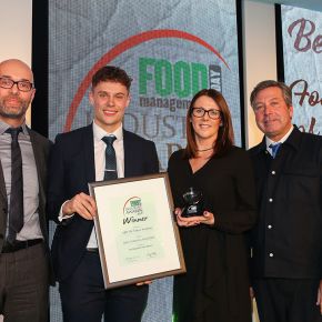 Best Training Initiative Award, Winner: ABP UK Talent Academy - L-R: Category partner Phil Turner of Cutting Edge Services, award winners James Fern ABP national account manager and Mandy Thompson ABP UK Talent Academy manager and host John Torode.