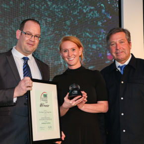 Most Innovative Packaging Development Award, Winner: John West No Drain Tuna Fridge Pot - L-R: Category partner Ben Edney of Protolan Ltd, award winner Sophie Lister of John West and host John Torode.