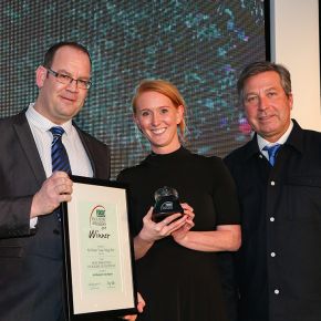 Most Innovative Packaging Development Award, Winner: John West No Drain Tuna Fridge Pot - L-R: Category partner Ben Edney of Protolan Ltd, award winner Sophie Lister of John West and host John Torode.