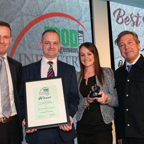 Best Red Meat Product Award, Winner: Co-op Irresistible 2 Beef Rib & Ale Burgers - L-R : Category partner Ian Cullen of Kerry Taste and Nutrition with award winners James Duffy and Kirstie Webster of Dunbia, and host John Torode.
