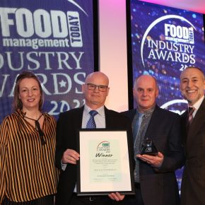 Best Seafood Product Award – Winner: Aldi Specially Selected Lightly Smoked Scottish Salmon Side with Prosecco, Cranberry & Orange Marinade by Copernus. L to R: Award partner Clare Pearson Dawsongroup, Bill Page, Steve Langstaff of Jem Packaging Ltd and Michel Roux Jr.